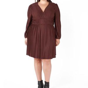 Dex Plus Burgundy Wine Torey Allover Pleated Long Sleeve Midi Dress Size 14 -‎ X